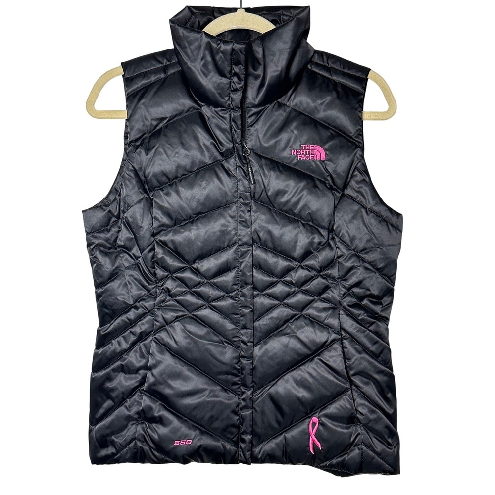 The North Face Womens 550 Down Puffer Vest Breast Cancer Black Pink Ribbon Small